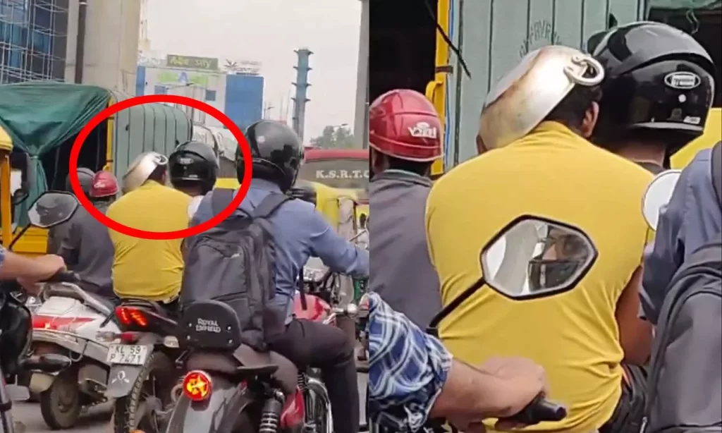 “VIDEO: அபராதத்தில் இருந்து தப்பிக்க ஹெல்மெட்டுக்கு பதில் பாத்திரத்தால் தலையை மூடிய இளைஞர்”,